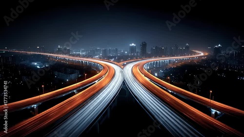 City Night Overpass Traffic Weaving Through Bright Lights