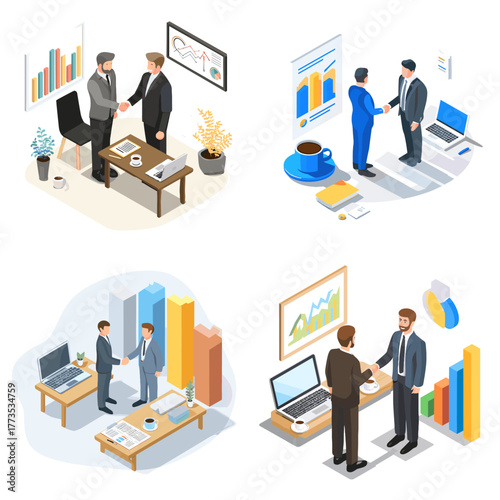 Isometric illustration of business meetings and partnerships with handshake and data charts. Perfect for corporate teamwork, office management, financial growth, and collaboration visuals.