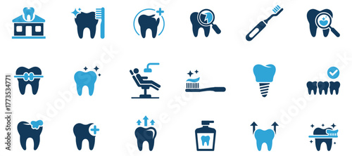 Comprehensive set of blue dental care and stomatology icons illustrating oral hygiene, tooth health, cleaning, implants, braces, checkups, cavities, and professional clinic services vector graphics.