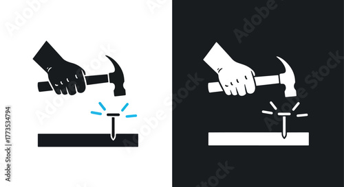 Hand hammering nail simple vector icon - Vector icon symbol for website - Icon vector - Blue icon vector