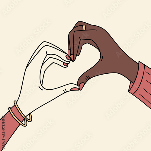 Diverse hands forming a heart shape, symbol of love