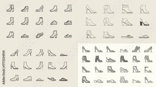 Set of footwear and shoe line icons including boots, sandals, and heels. Perfect for fashion, apparel, boutique branding, retail design, and modern clothing accessory illustration.