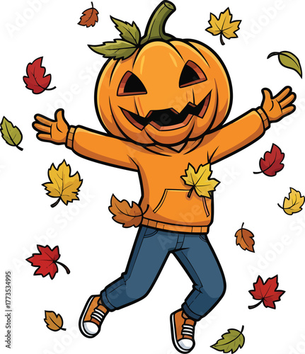A joyful and energetic cartoon character with a pumpkin head, happily leaping amidst a vibrant scattering of autumn leaves, depicted in a clean style with crisp black outlines and smooth cell shading.