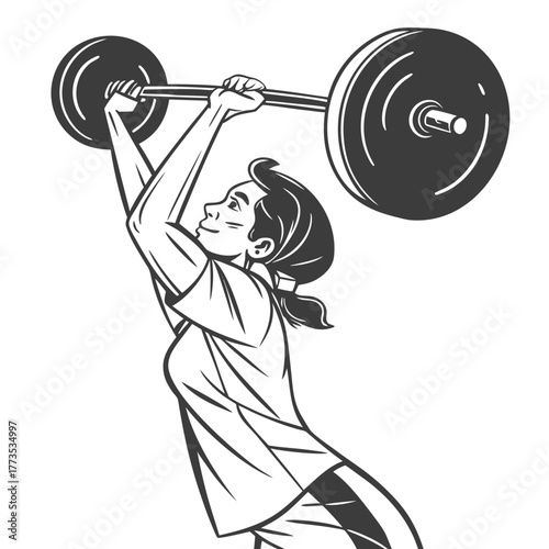 Female weightlifter lifting barbell in outline vector illustration