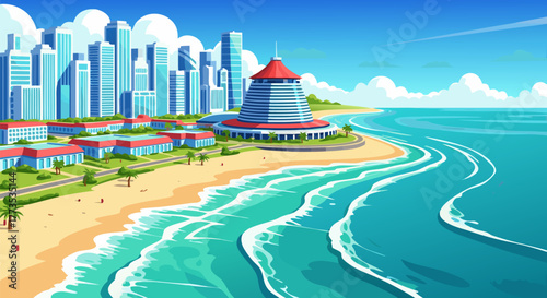 Coastal Metropolis Illustration Vibrant Cityscape with Sandy Beach