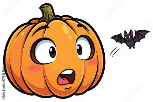 A whimsical and expressive cartoon illustration featuring a wide-eyed, anthropomorphic pumpkin-headed character, seemingly startled by a tiny dark bat fluttering past. The design showcases crisp black