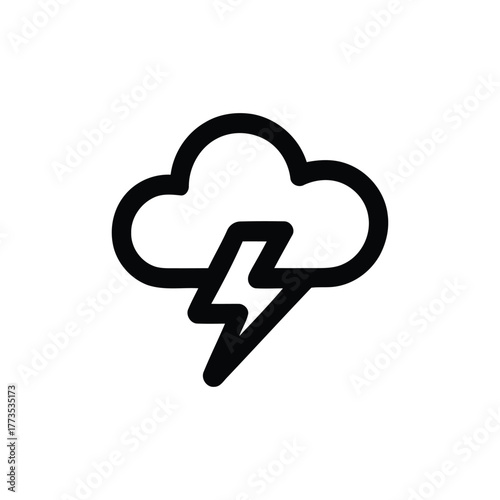 A bold outline icon depicting a stormy cloud emitting a lightning bolt, symbolizing severe weather, forecast predictions, thunder, electricity, energy, danger, and power failure.