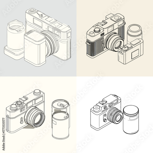 Isometric illustrations of vintage cameras with film rolls in retro design. Perfect for photography, travel, creative art, media production, and nostalgic photo concept visuals.