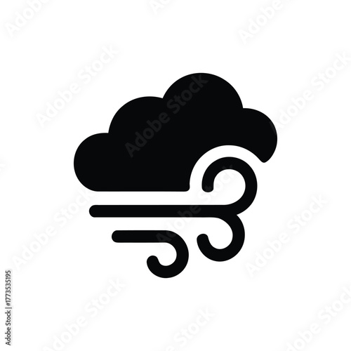 Black vector icon illustration showing wind blowing from a stylized cloud, representing weather forecasting, air movement, windy conditions, meteorology, climate, and environment symbol on white.