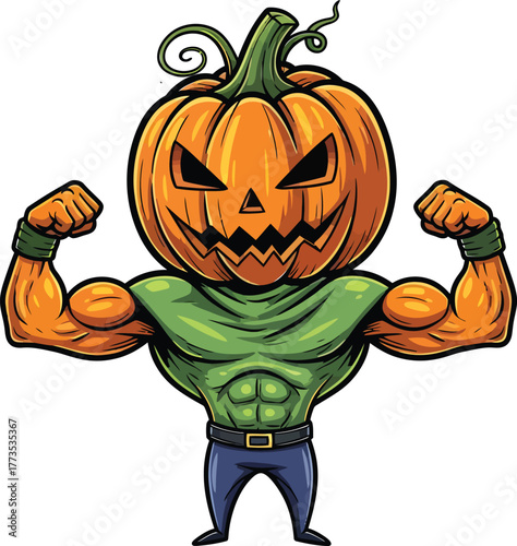 A vividly dynamic and stylized cartoon illustration depicts a determined anthropomorphic pumpkin-headed character, proudly flexing its tiny yet powerful muscles with a confident pose. This spirited de