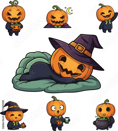 A delightful collection of charming anthropomorphic pumpkin-headed characters, meticulously designed in a whimsical cartoon sticker art style for Halloween. Each character is engaged in a distinct, fe