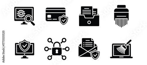 Cybersecurity and data management glyph icon set featuring system analysis, financial security, document storage, data destruction, network protection, email privacy, and computer cleanup.