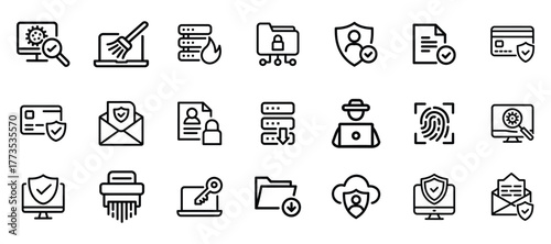 Cybersecurity line icons set: digital data protection, network security, personal privacy, encryption, antivirus, firewall, secure access, hacking prevention, and internet safety vectors collection.