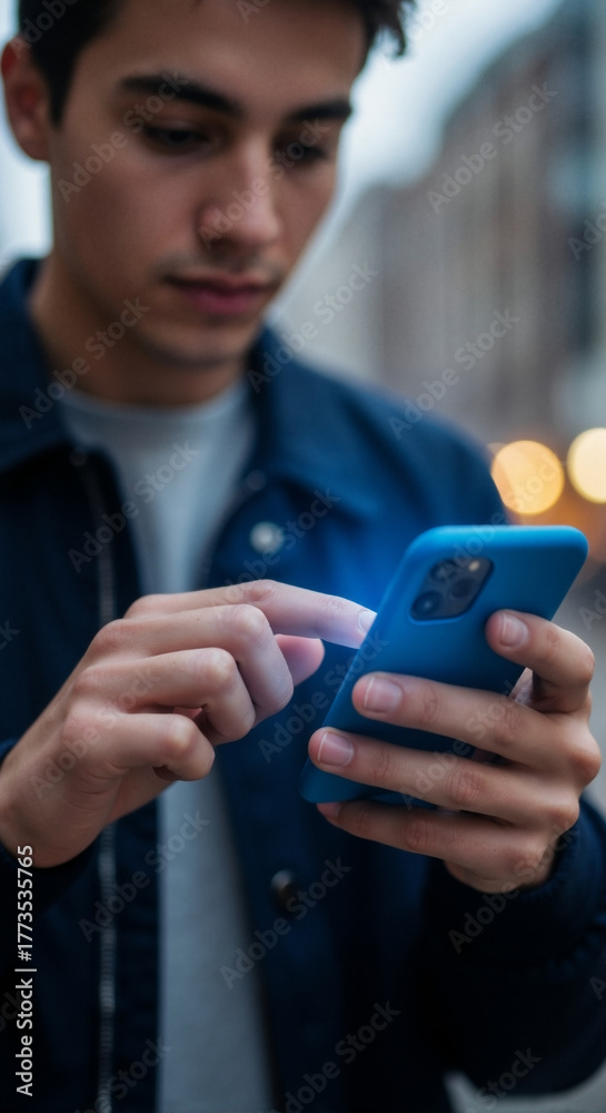 Fototapeta premium Close-up of a young man's hands using a smartphone outdoors. Vertical shot of a person touching a mobile screen with a blue light. Digital technology and connectivity concept
