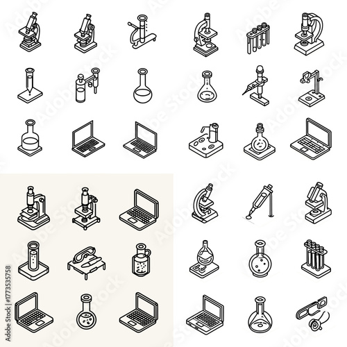 Isometric science icons with microscope, flask, test tube, and laptop for research and laboratory work. Ideal for chemistry, biology, education, and scientific innovation illustrations.