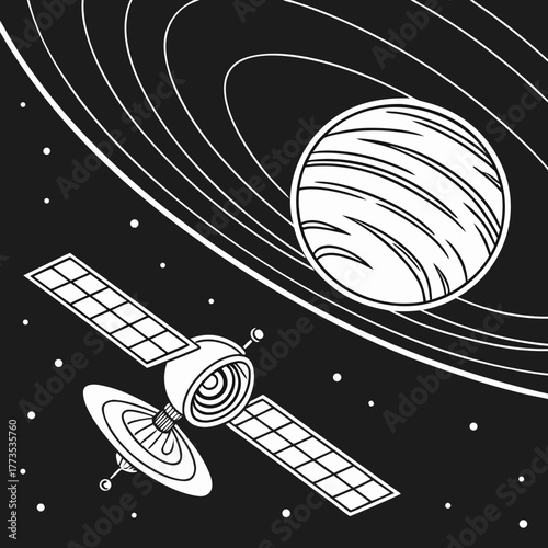 Retro satellite orbiting a planet with rings in space