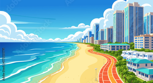 Beachfront Paradise A Vibrant Seaside Scene with Sandy Shores, Buildings, and Clear Blue Skies