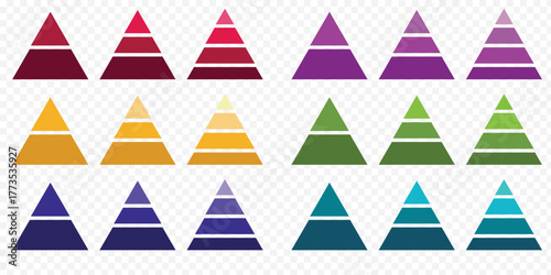Colorful pyramid chart infographic with segmented levels, hierarchy structure, business data visualization and marketing concept. Levels of triangular pyramid. Triangle pyramid icon. EPS 10.