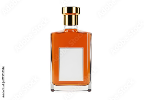 Amber whiskey bottle with gold cap and blank white label, isolated on white or transparent background. PNG