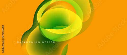 Abstract fluid shapes, vibrant colors blend. Orange background provides striking contrast, dynamic composition. Modern design element.