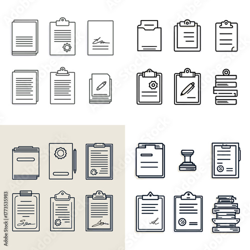Collection of document and clipboard line icons showing paper, checklist, signature, and stamp. Ideal for office management, contract signing, report design, and business administration themes.