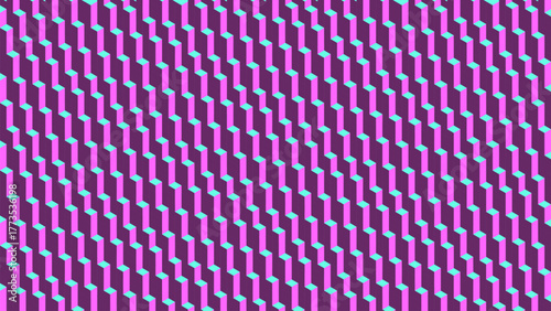 Abstract geometric voxel pattern made of cube shapes arranged in axonometric perspective with bright contrasting neon colors. Voxel cubes with cyan purple tones forming minimal geometric background