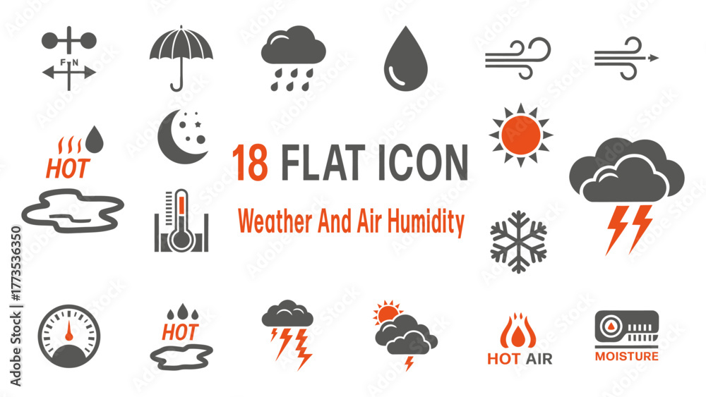Obraz premium Weather And Air Humidity Flat Icon Set Of 18 Symbols For Weather, Temperature And Atmospheric Concepts