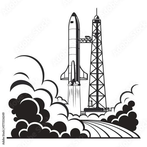 Space shuttle launching from launch pad with smoke