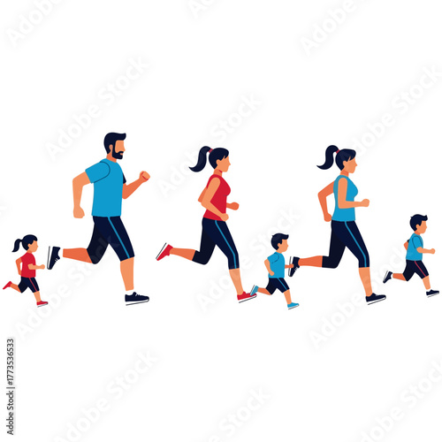 Healthy Family Running Together: Active Lifestyle with Parents and Kids Exercising Outdoors, Promoting Fitness, Wellness, and Fun Bonding Time in a Vibrant Flat Vector Illustration