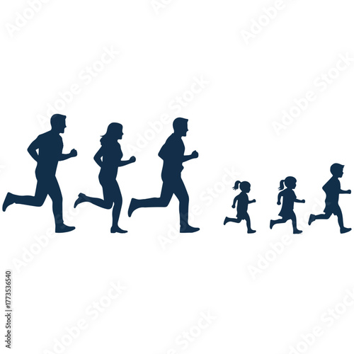 Healthy Family Running Together: Active Lifestyle with Parents and Kids Exercising Outdoors, Promoting Fitness, Wellness, and Fun Bonding Time in a Vibrant Flat Vector Illustration