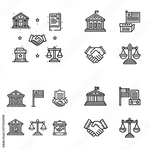 Government and law icon set featuring courthouse, handshake, balance scale, and flag symbols. Suitable for legal, justice, regulation, diplomacy, and public administration design themes.