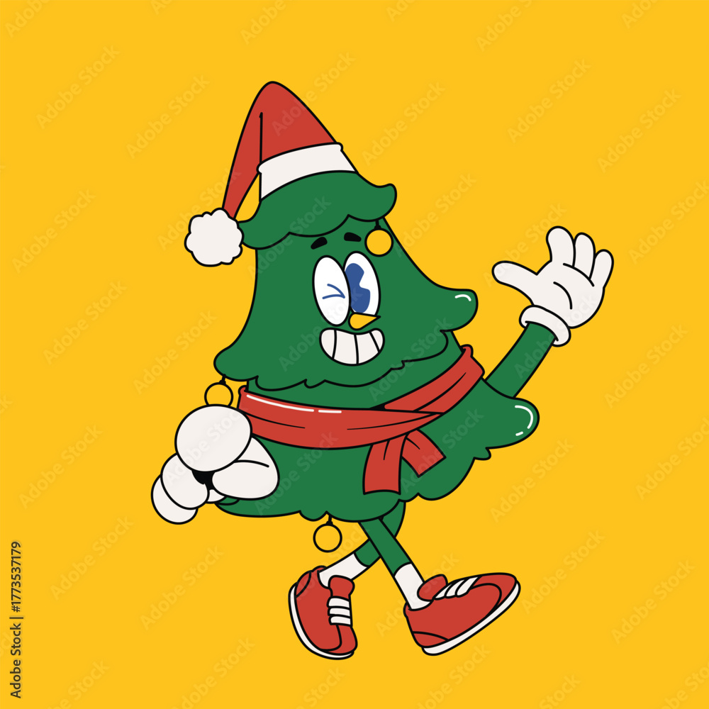 Fototapeta premium Retro Cartoon Style Funny Christmas Tree Character Illustration with Scarf