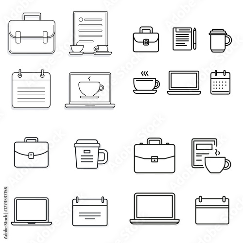 Business and office icon collection featuring laptop, coffee cup, briefcase, and calendar symbols. Ideal for workspace, meeting, corporate, and productivity concept illustrations.