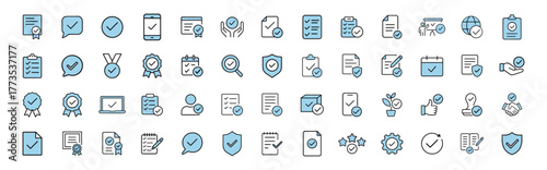 Set of line icons related to approve, validation, accept, checkmark. Quality control icon set. 