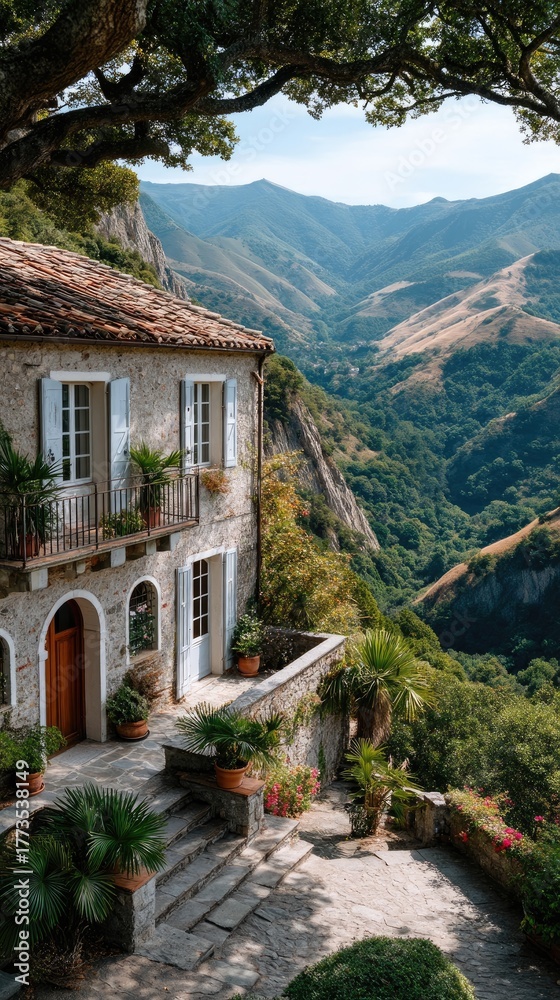 Fototapeta premium Historic Stone Building With White Shutters Overlooking Lush Green Mountain Valley On A Sunny Day