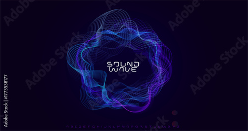 Sound wave music waveform audio bass beat circular wavy rings, radial glow equalizer round pulse, glowing soundwave with modern font logo alphabet for radio dj, edm, podcast. Vector illustration