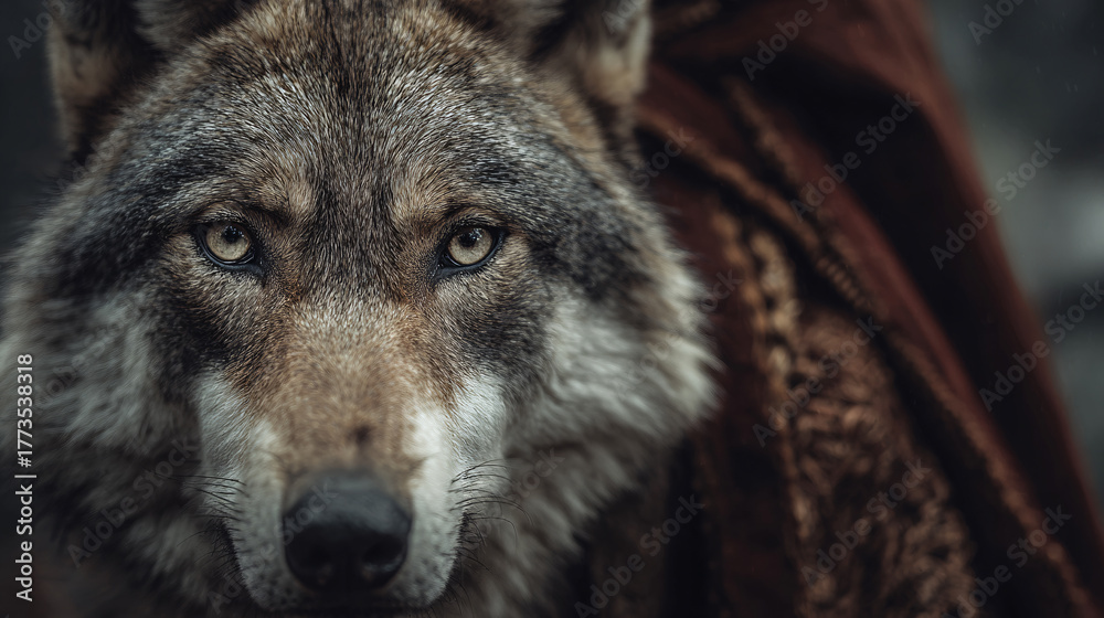 Fototapeta premium Wolf looking directly at camera, symbol of wild nature and untamed spirit