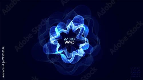 Radio wave music sound waveform audio bass beat circular wavy rings radial glow equalizer pulse round glow soundwave with futuristic font logo alphabet for radio dj, edm, podcast. Vector illustration