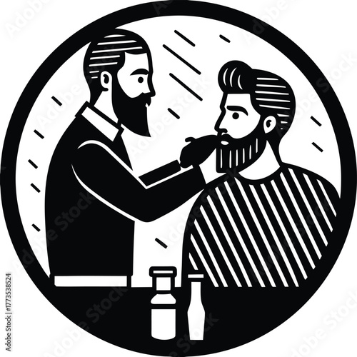 Barber trimming a beard in a circular frame grooming