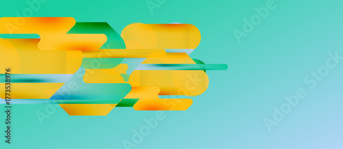 Abstract design features layered shapes, vibrant colors, dynamic composition. Turquoise background complements orange, green, blue elements.