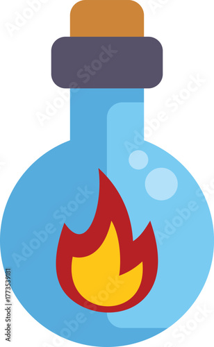 Glass potion bottle with cork containing fire, suitable for games, fantasy, magic, and witchcraft projects