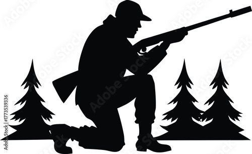 Silhouette of hunter aiming shotgun among pine trees