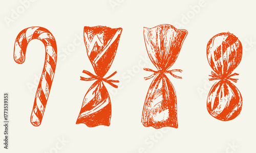 Retro candy cane and sweets illustration. Vintage hand drawn wrapped candies and striped peppermint cane. Classic holiday confectionery design in sketch style.