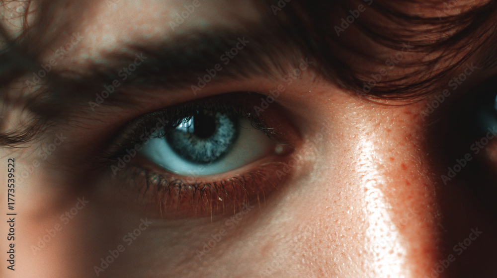 Fototapeta premium Human blue eye in close-up, showing vision, focus, and intense looking