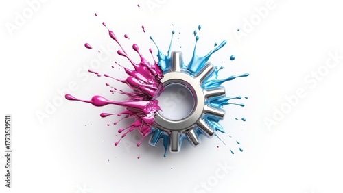 Metallic Gear with Colorful Paint Splash