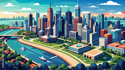 Very beautiful aerial drone view of Chicago, Illinois, USA, showing downtown skyscrapers, Lake Michigan, and the cityscape from above Lincoln Park, capturing the vibrant urban skyline and waterfront.