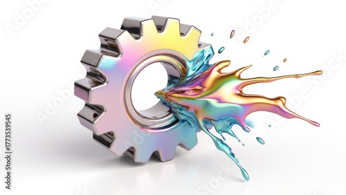 Metallic Gear with Colorful Paint Splash