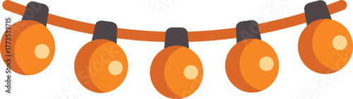 Five orange string lights hanging on a cable, illuminating a festive celebration