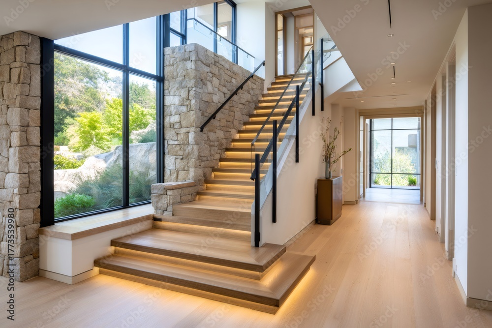 Fototapeta premium Modern home interior showcasing illuminated wooden staircase and stone wall
