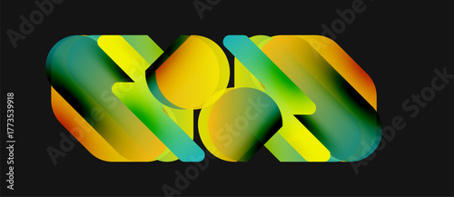 Abstract design features overlapping colorful shapes. Gradient hues blend green, yellow, orange creating dynamic visual effect. Smooth curves define forms.